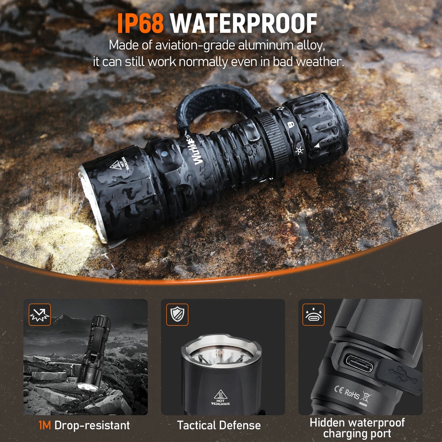 Wurkkos TD07 18350 Tactical Flashlight 1300LM 479M Long Throw IP68 Waterproof Dual Switch & Ring Handle for Police/Daily Use