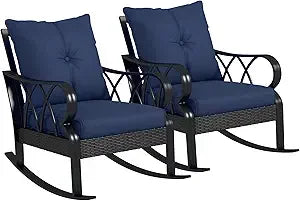 2 Piece Outdoor Wicker Rocking Chairs with Padded Cushions, Aluminum Furniture Rattan Porch Rocker Chairs w/Armrest for Garden,