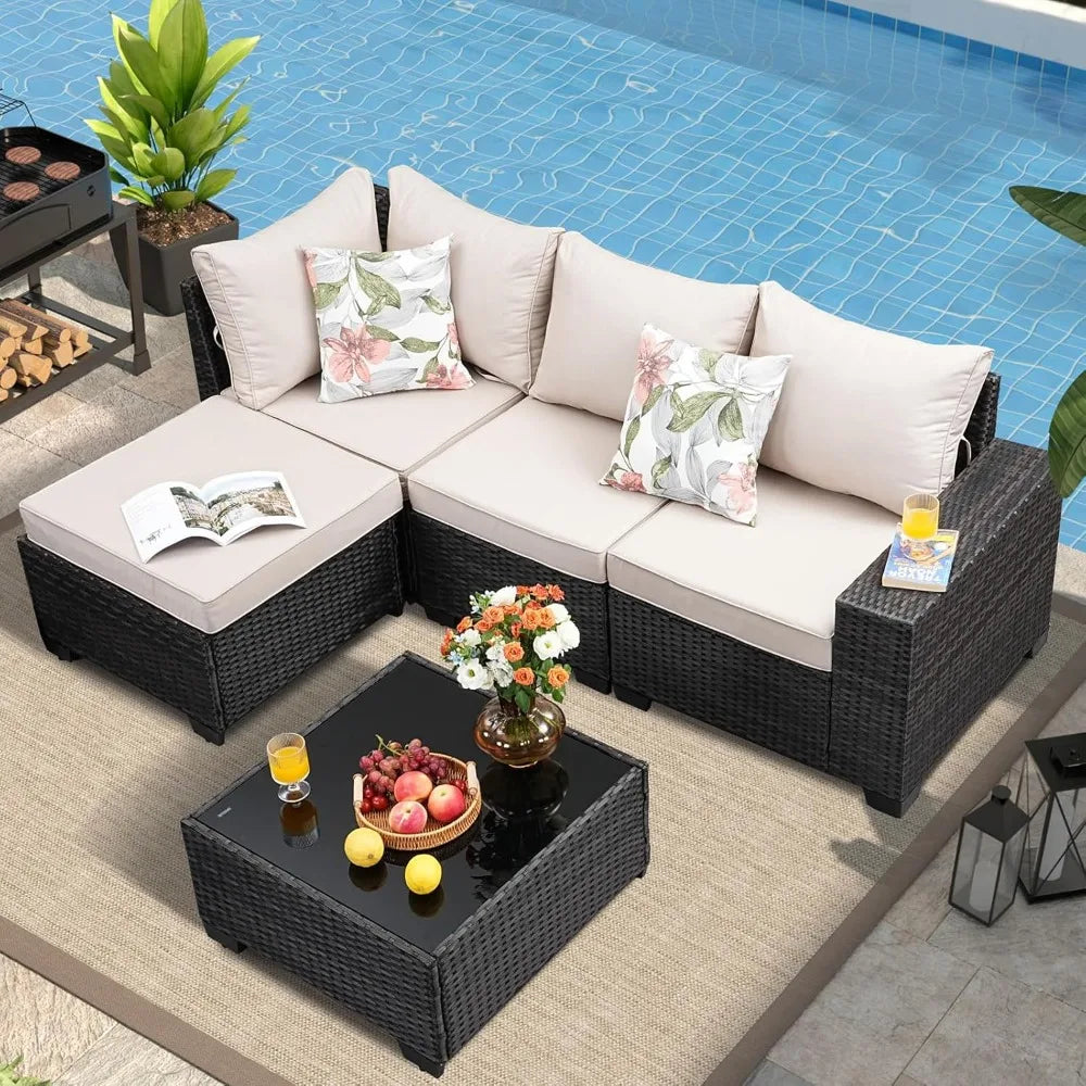 5 Pieces Outdoor Patio Furniture Set, Wicker Conversation Sets with Tea Table, Rattan Patio Sofa with Thick Cushions for Garden,