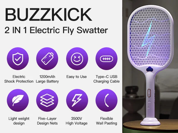 Electric Fly Swatter Racket 3500V buzzkick Bug Zapper Racket Dual Modes Mosquito Killer with Purple Mosquito Light Rechargeable