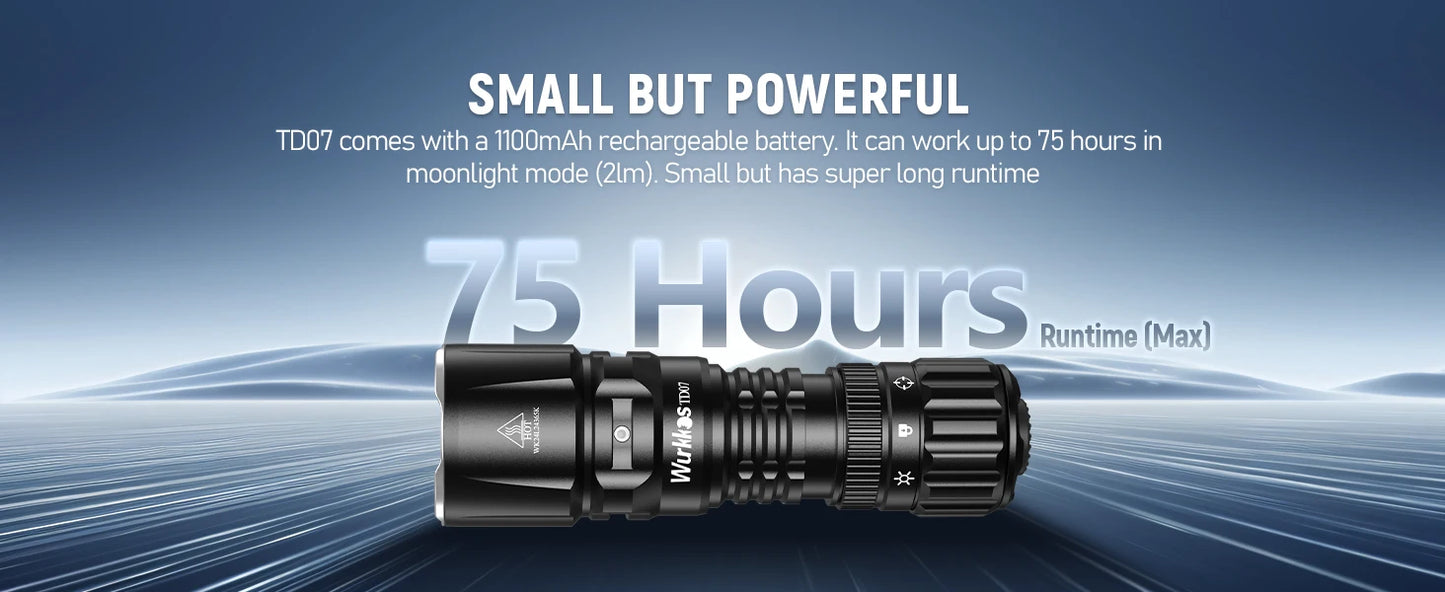 Wurkkos TD07 18350 Tactical Flashlight 1300LM 479M Long Throw IP68 Waterproof Dual Switch & Ring Handle for Police/Daily Use