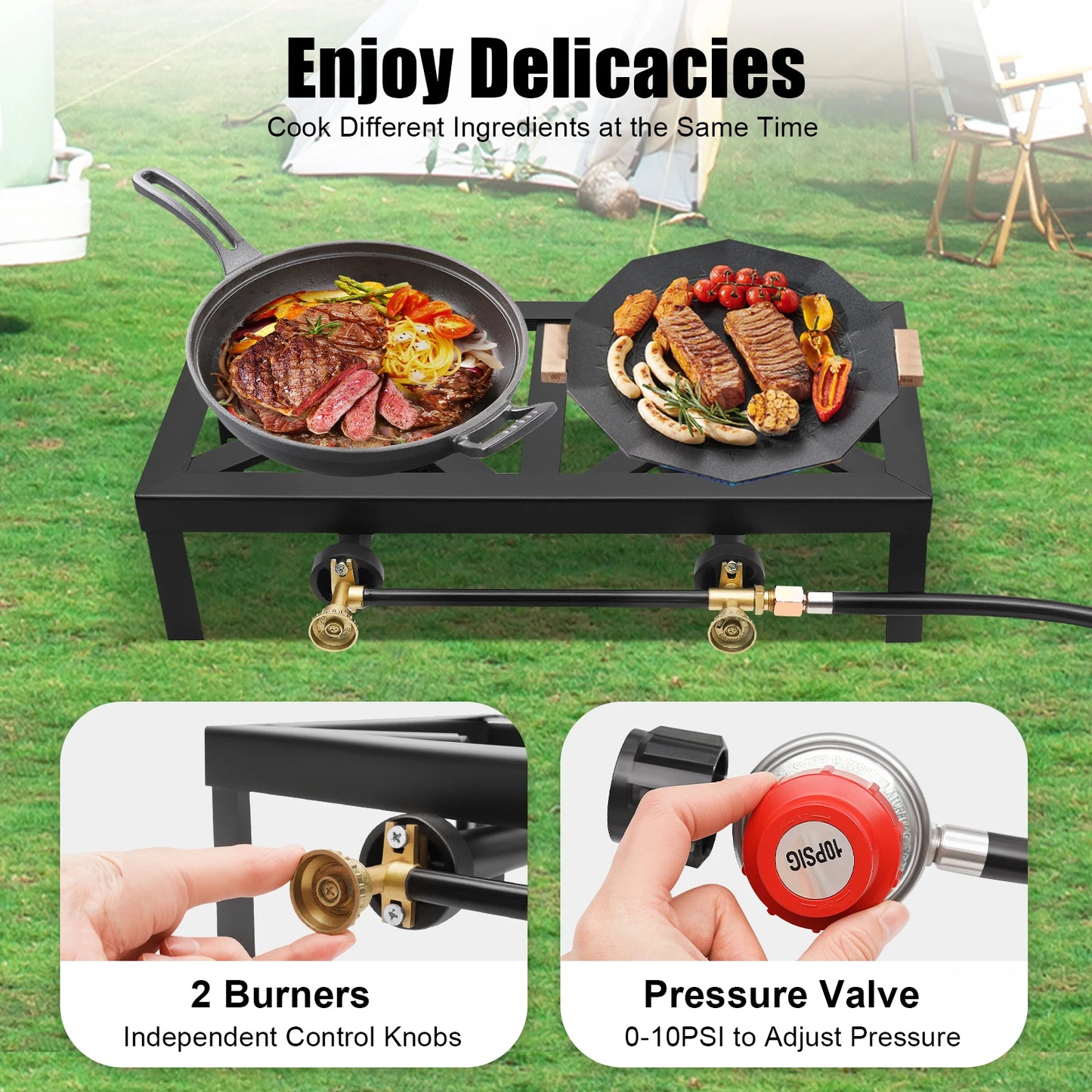 Portable Double Burner Outdoor Gas Stove Propane Cooker with Adjustable 0-10Psi Regulator Hose for Patio Camping, BBQ, Home