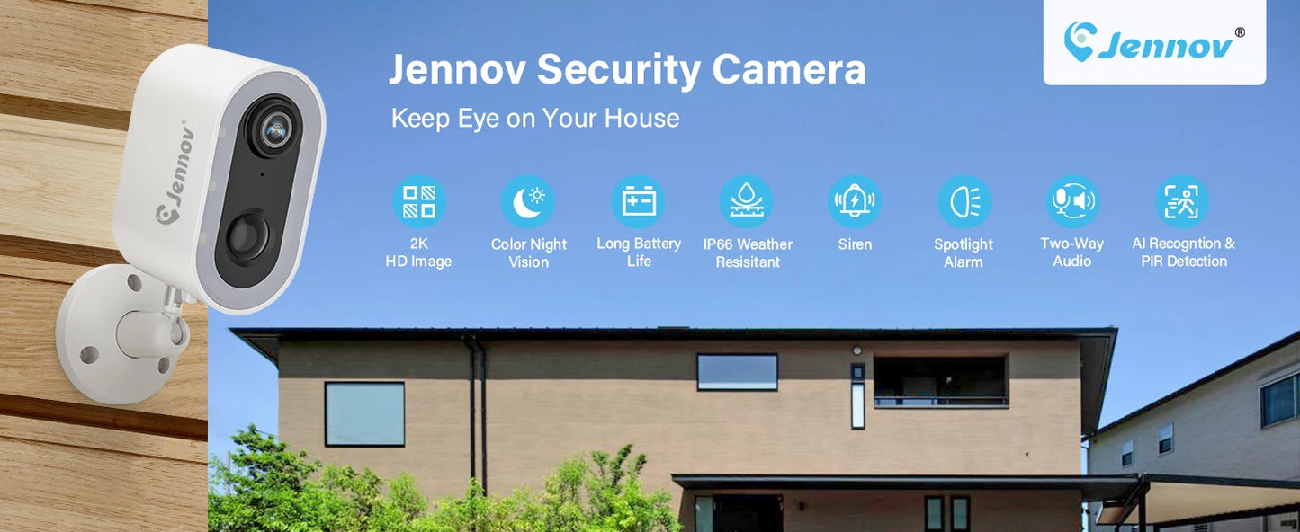 Jennov 3MP Security Camera Wireless WiFi Camera Battery Powered with Color Night Vision Two-Way Talk for Outdoor Home Camera