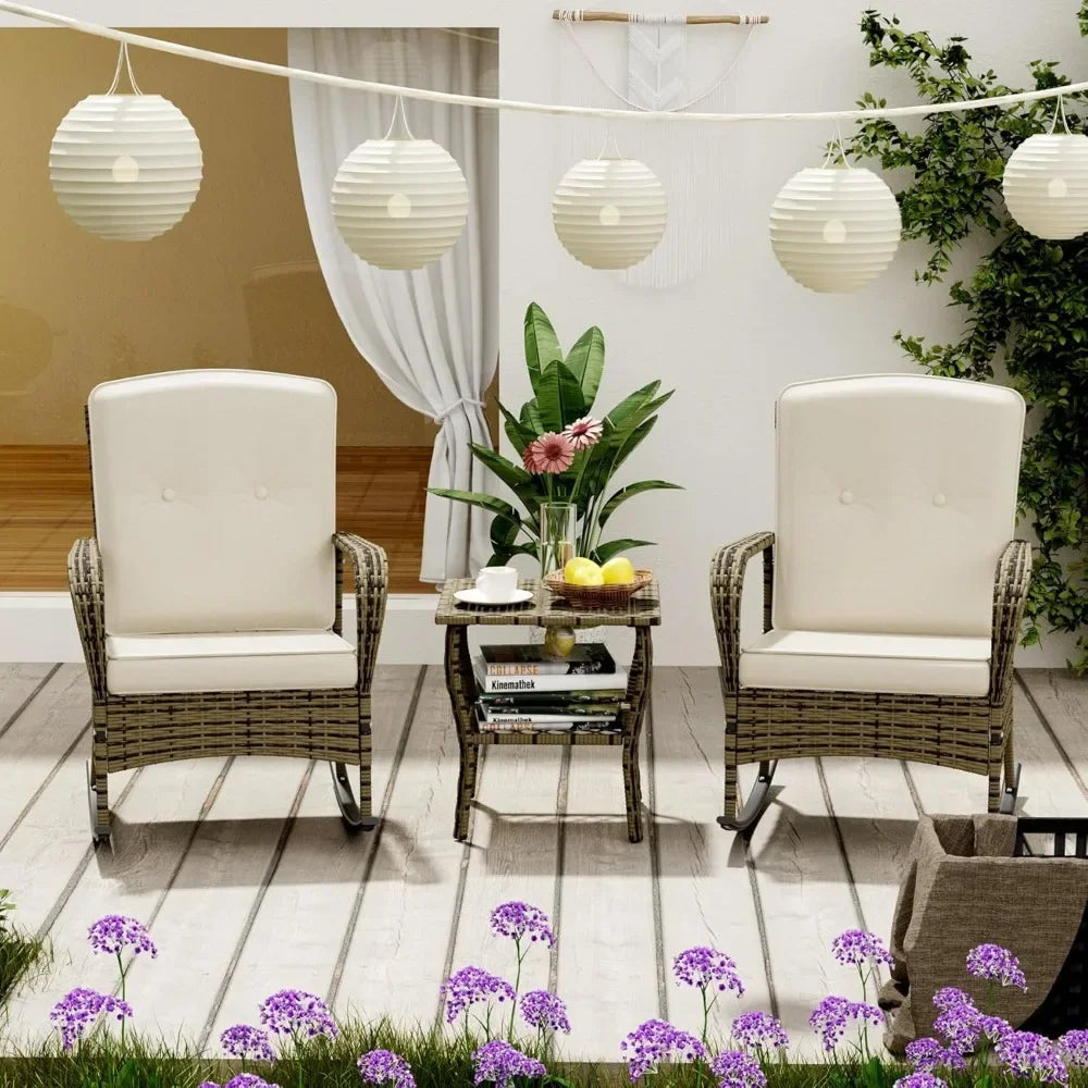 3 Pieces Patio Conversation Set, Outdoor Rocking Chair, Wicker Bistro Set, Outdoor Furniture with Porch Chairs and Coffee Table