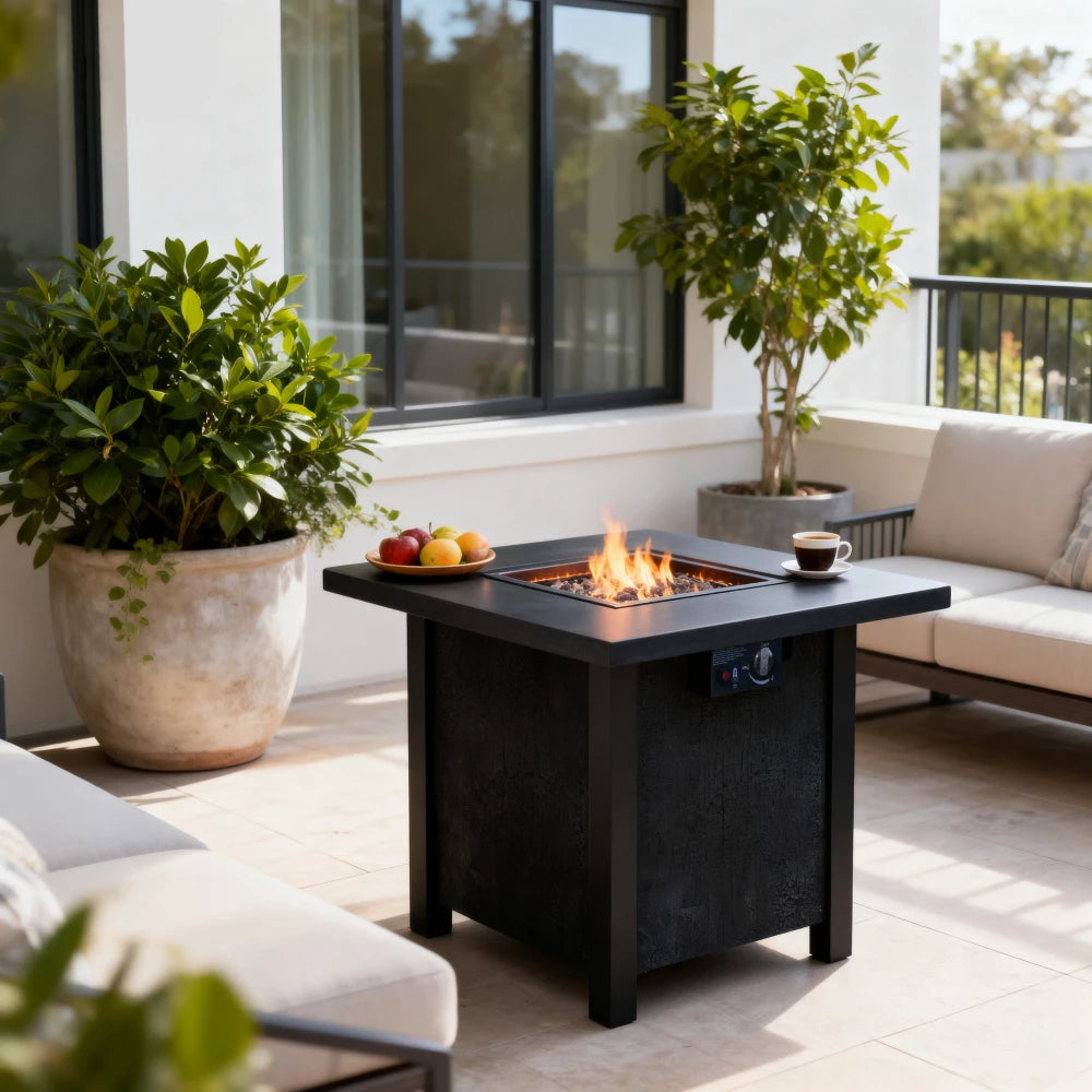 25"H Outdoor Patio Propane Fire Pit Table -50k BTU, High-temp Carving, Eco-material, Rattan Weave Grain Effect