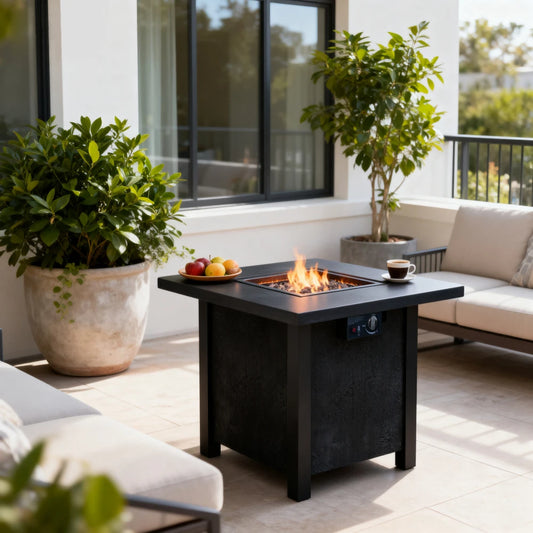 25"H Outdoor Patio Propane Fire Pit Table -50k BTU, High-temp Carving, Eco-material, Rattan Weave Grain Effect
