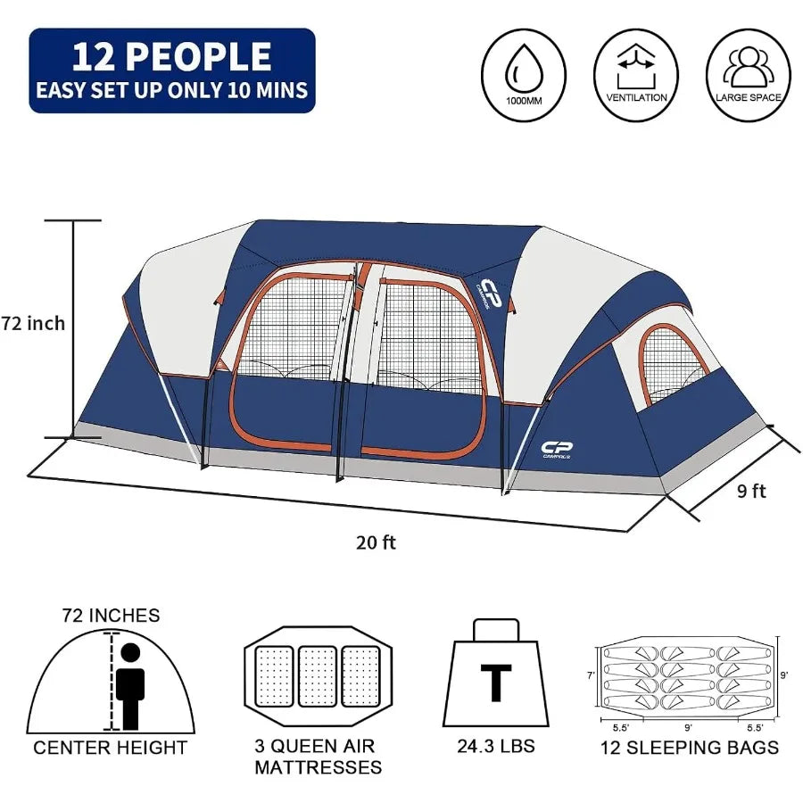 CAMPROS CP Tent 12Person Camping Tents with 3 Rooms Waterproof Windproof Design Top Rainfly for Enhanced Protection 6 Large Mes