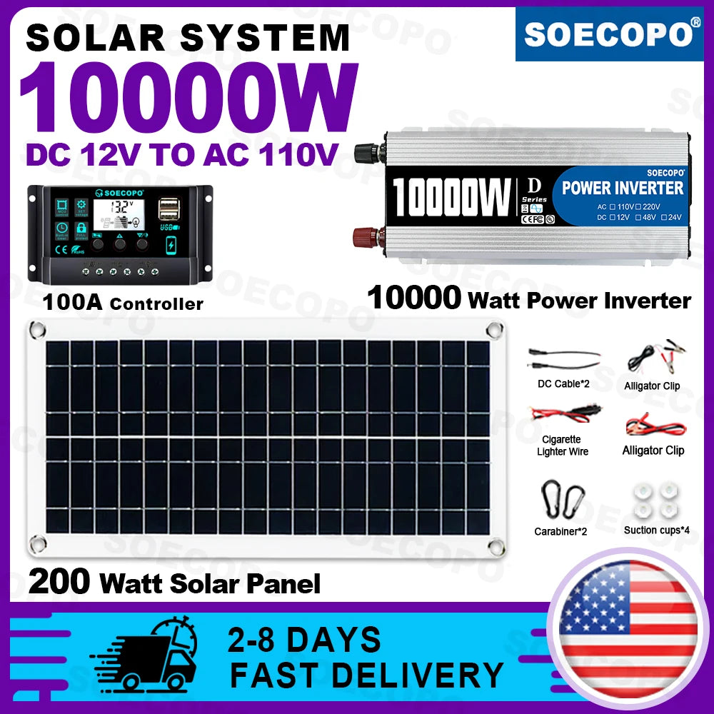 (U.S Stock)SOECOPO 10000W Solar System Complete Kit 12V To 110V 100A Controller 200W Panel Off-Grid Inverter System Home/Camping