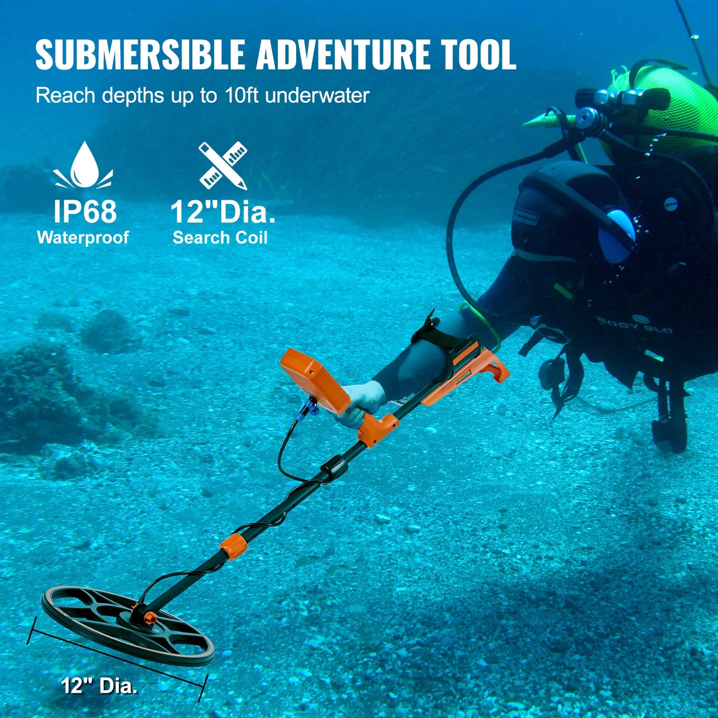 SucceBuy Professional Rechargeable Metal Detector 12" IP68 Waterproof Coil 39-50 in Adjustable + LCD 7Modes for Treasure Hunting