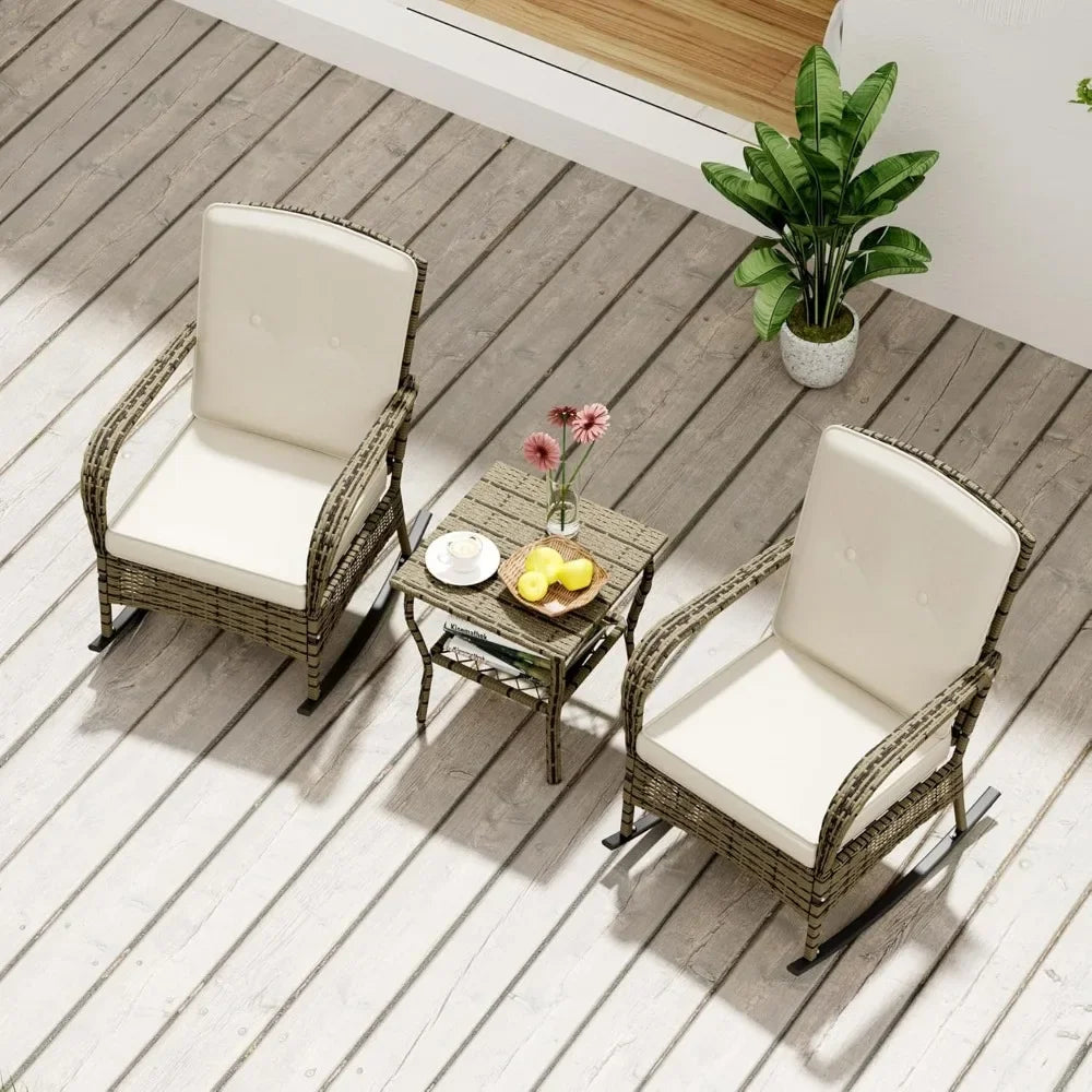 3 Pieces Patio Conversation Set, Outdoor Rocking Chair, Wicker Bistro Set, Outdoor Furniture with Porch Chairs and Coffee Table