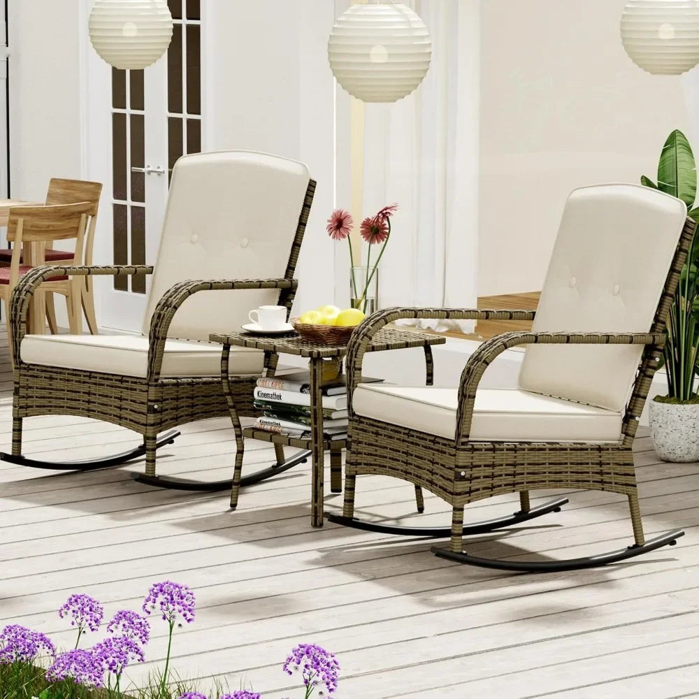 3 Pieces Patio Conversation Set, Outdoor Rocking Chair, Wicker Bistro Set, Outdoor Furniture with Porch Chairs and Coffee Table
