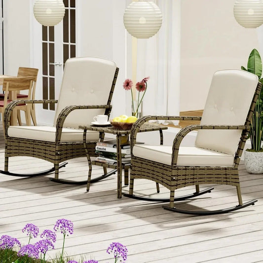 3 Pieces Patio Conversation Set, Outdoor Rocking Chair, Wicker Bistro Set, Outdoor Furniture with Porch Chairs and Coffee Table