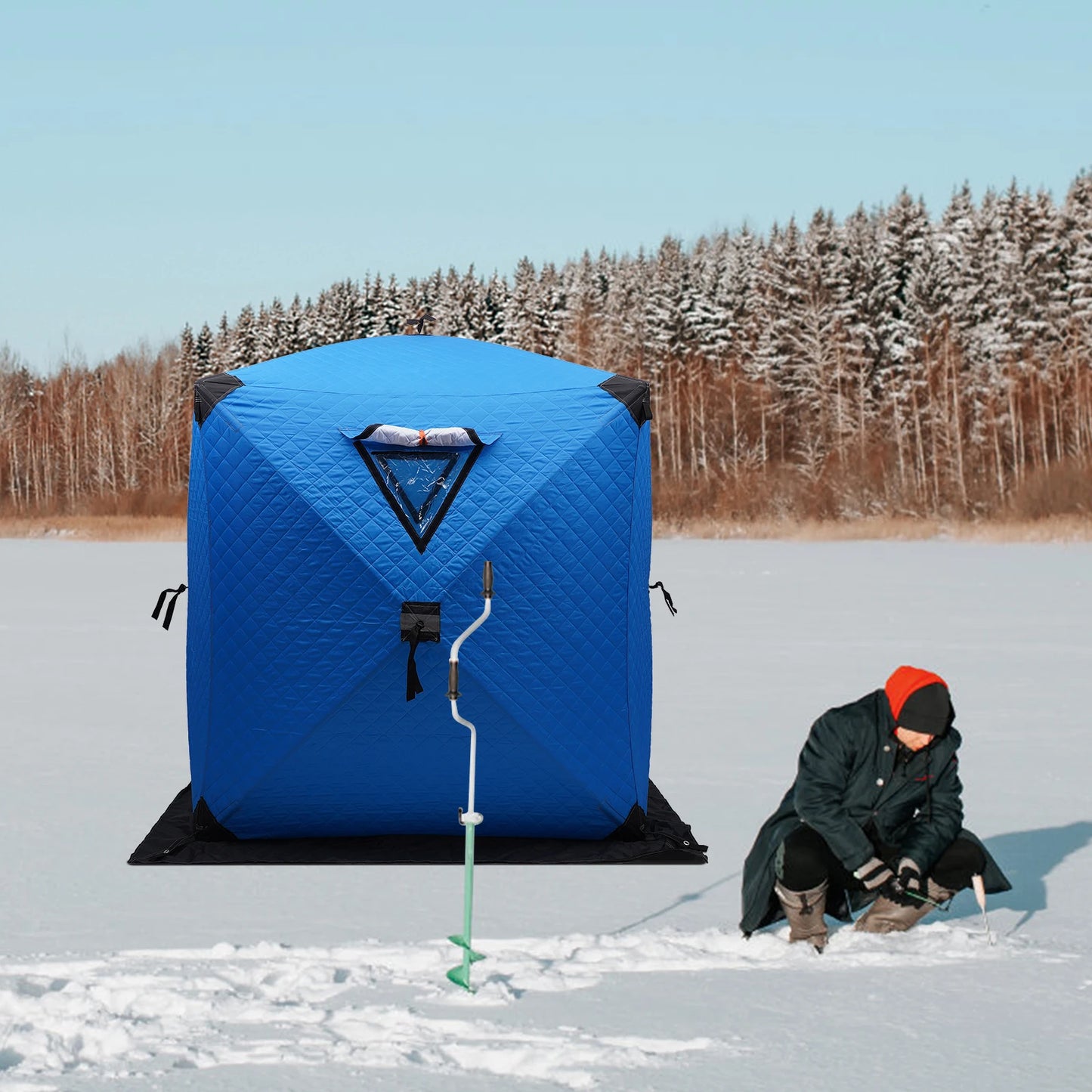 Portable Ice Fishing Shelter, 210D Oxford Fabric, Fiberglass Rods, D-Shaped Door, Double Windows for Ventilation