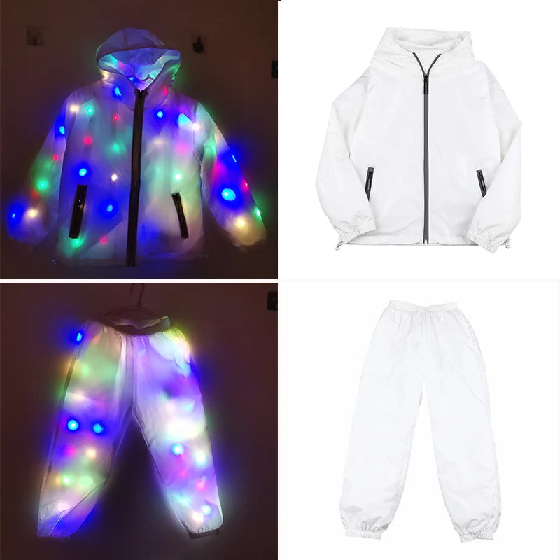 Glow Dancing Costume LED Jacket LED Pants Luminous Led Cosplay Clothes Boys Girls Children Halloween Costume Pocket with Zipper
