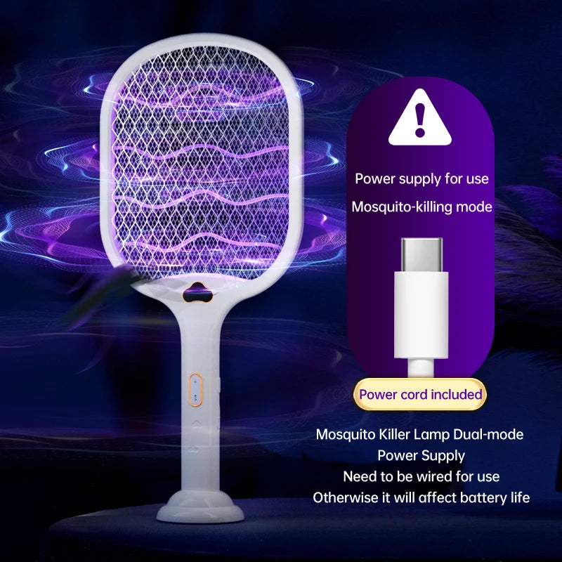 Electric Fly Swatter Racket 3500V buzzkick Bug Zapper Racket Dual Modes Mosquito Killer with Purple Mosquito Light Rechargeable