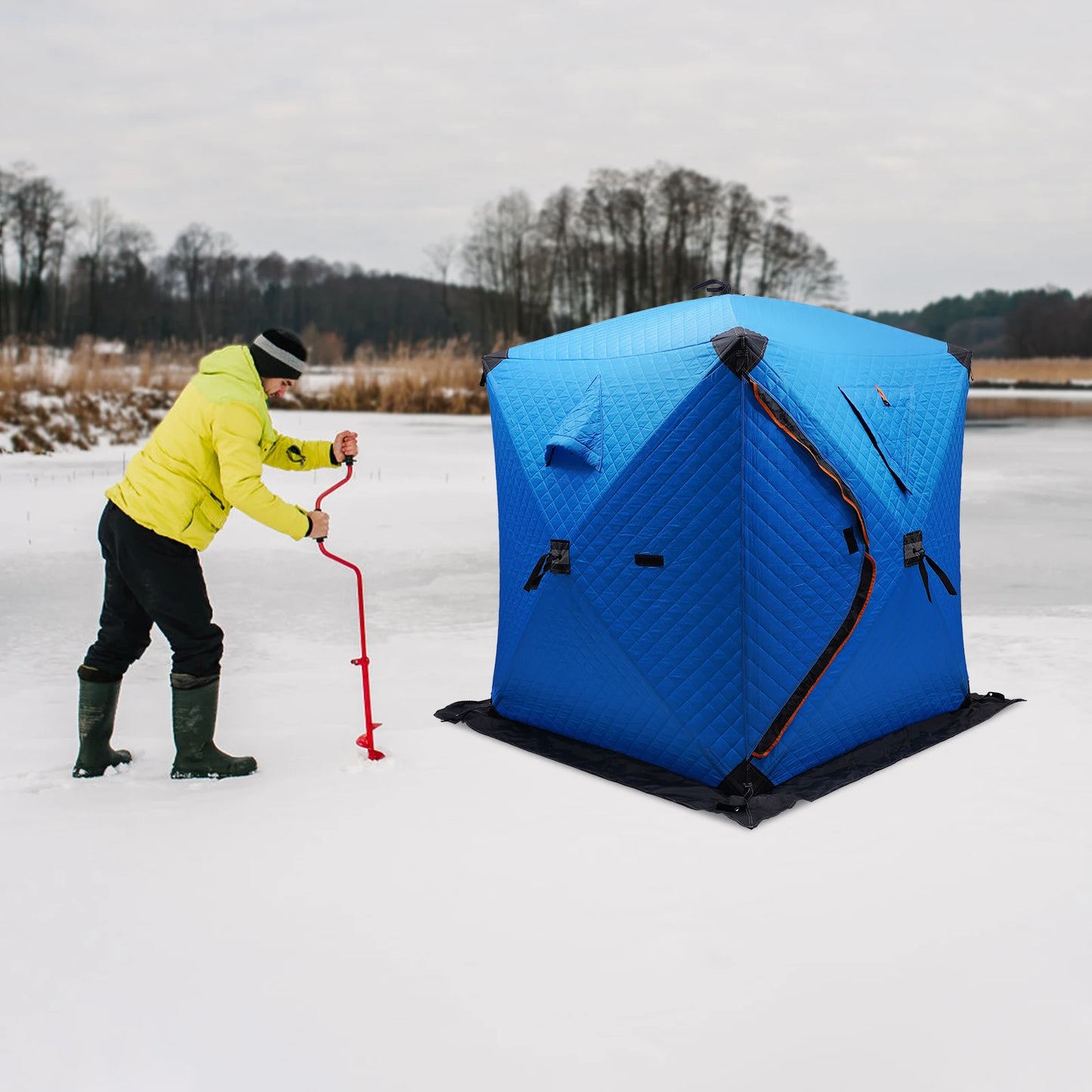 Portable Ice Fishing Shelter, 210D Oxford Fabric, Fiberglass Rods, D-Shaped Door, Double Windows for Ventilation