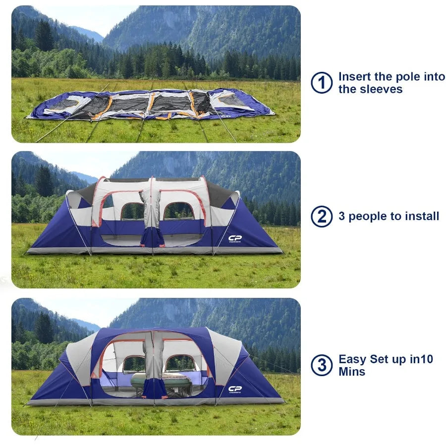 CAMPROS CP Tent 12Person Camping Tents with 3 Rooms Waterproof Windproof Design Top Rainfly for Enhanced Protection 6 Large Mes