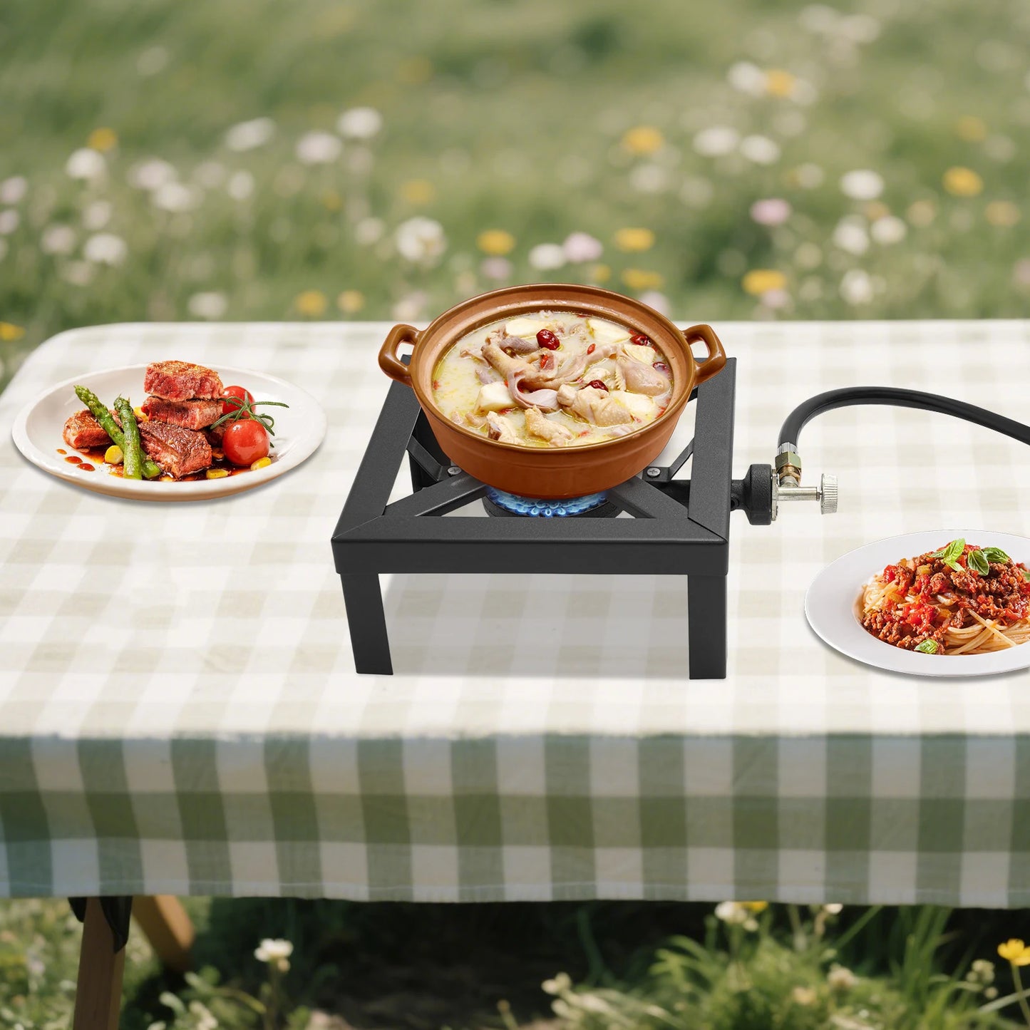 Portable Double Burner Outdoor Gas Stove Propane Cooker with Adjustable 0-10Psi Regulator Hose for Patio Camping, BBQ, Home