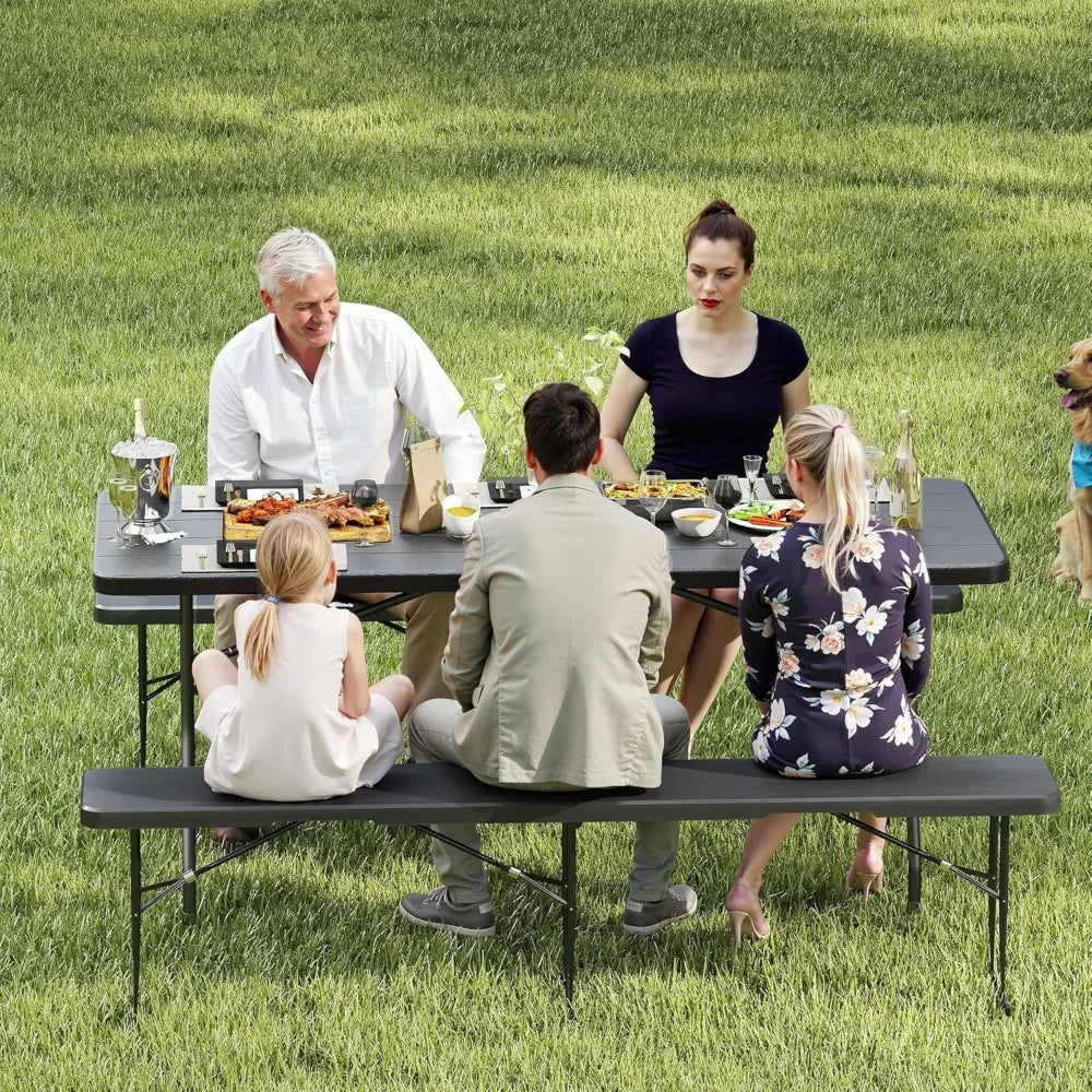 6 Foot Folding Picnic Table Set with Two Benches, Portable Black HDPE Wood-Grain Outdoor Camping Furniture