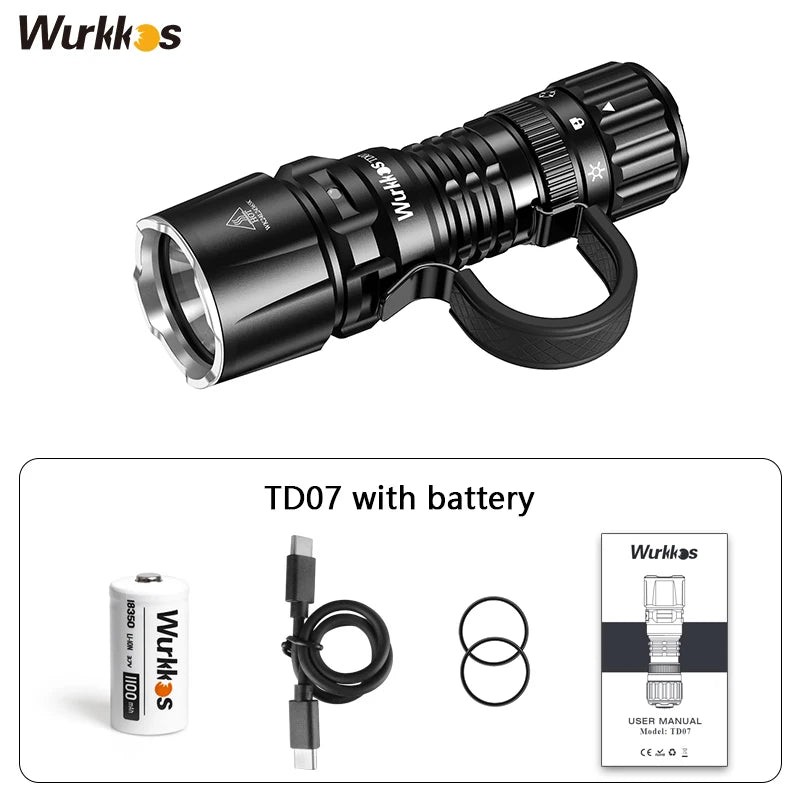 Wurkkos TD07 18350 Tactical Flashlight 1300LM 479M Long Throw IP68 Waterproof Dual Switch & Ring Handle for Police/Daily Use