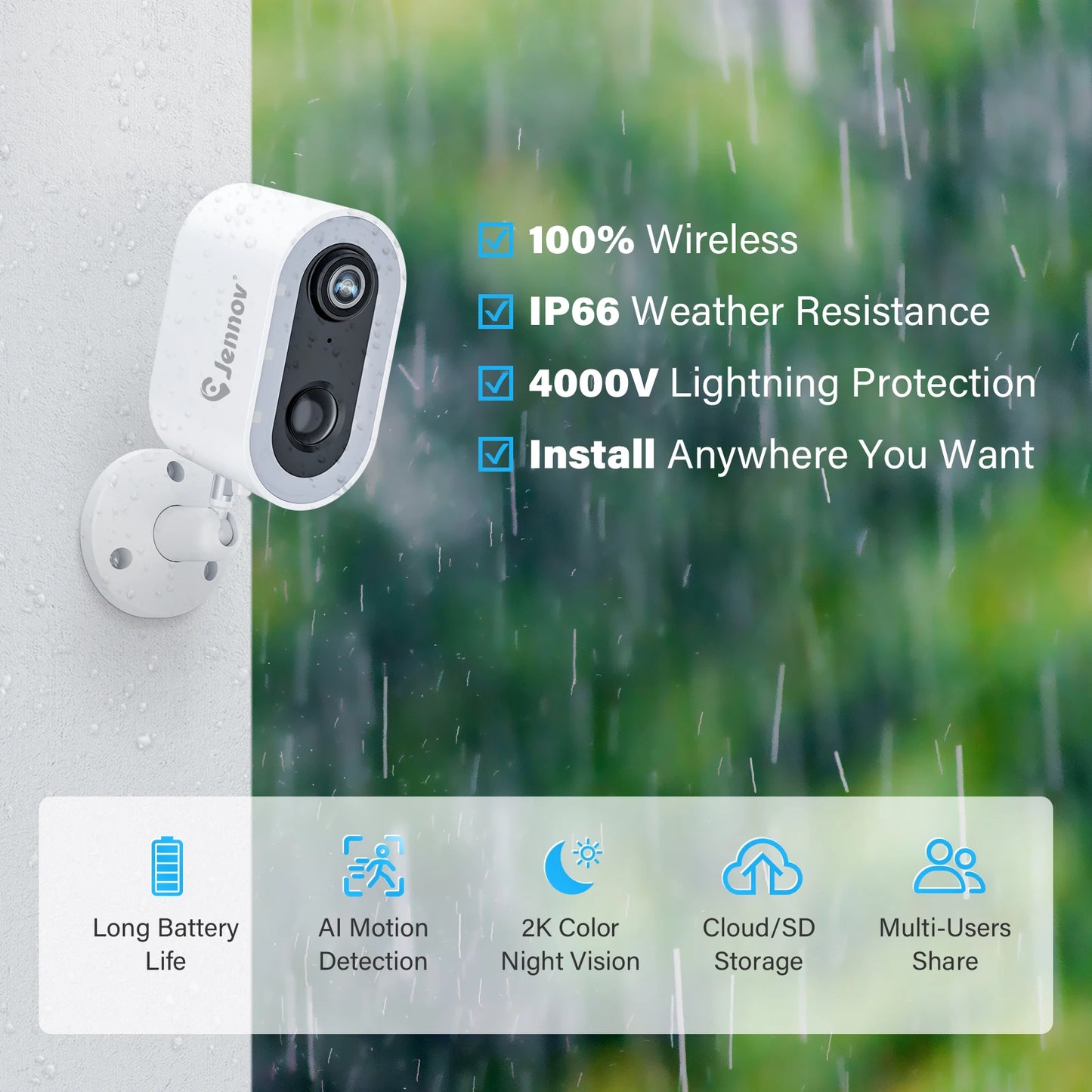 Jennov 3MP Security Camera Wireless WiFi Camera Battery Powered with Color Night Vision Two-Way Talk for Outdoor Home Camera