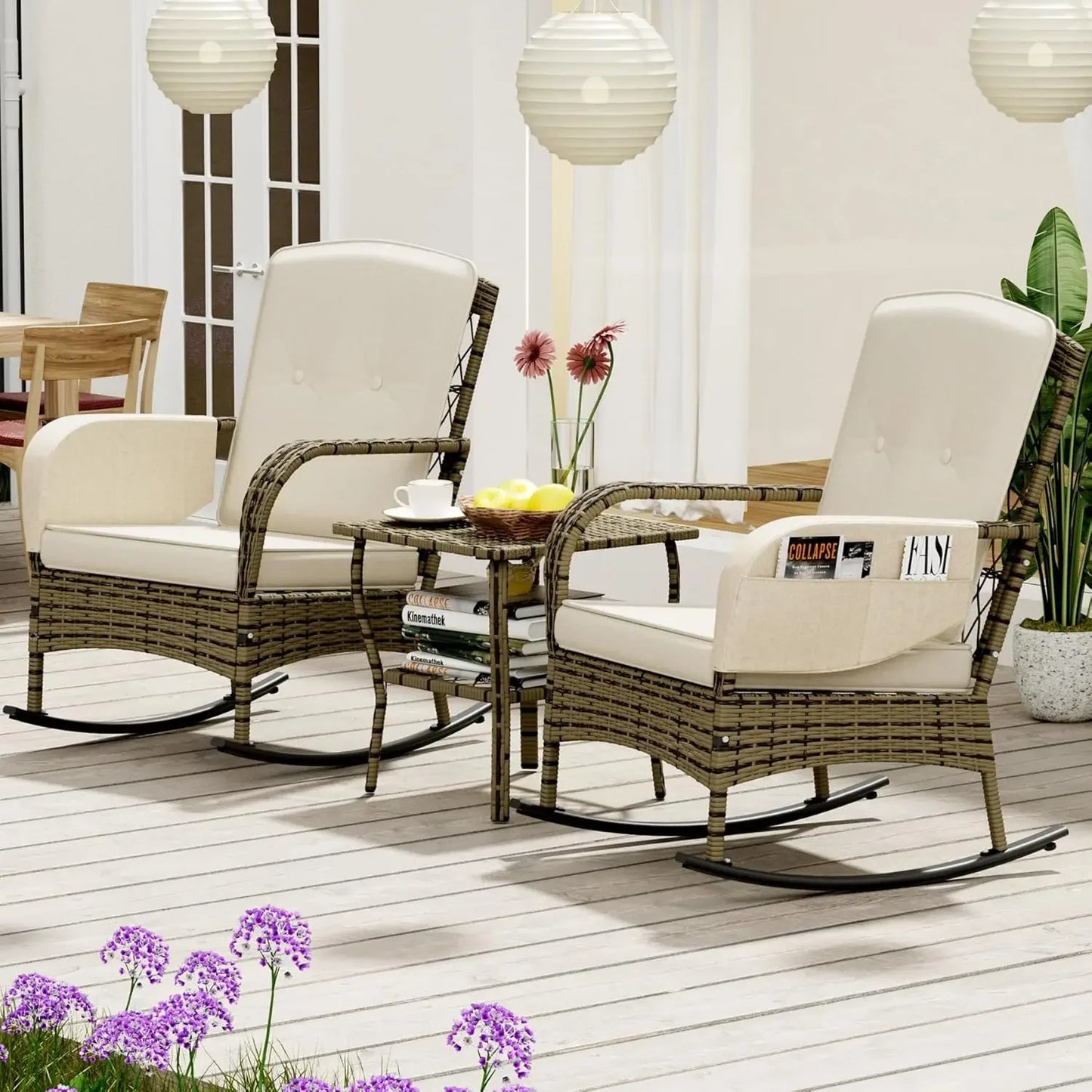 3 Pieces Patio Conversation Set, Outdoor Rocking Chair, Wicker Bistro Set, Outdoor Furniture with Porch Chairs and Coffee Table