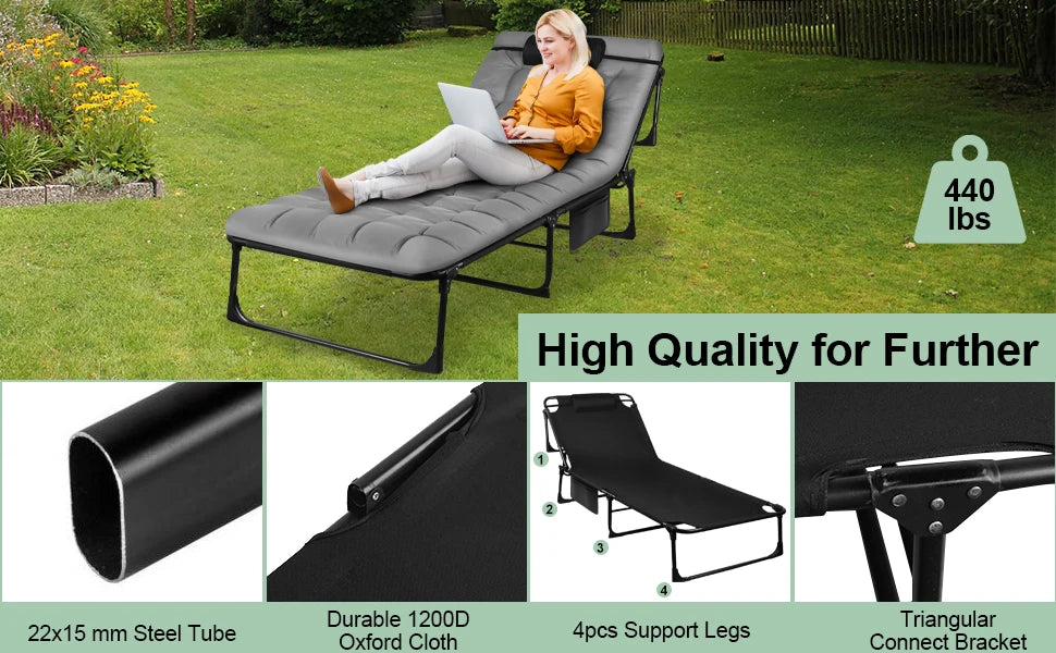 Portable Folding Camping Cot - 3-Position Adjustable Reclining Lounge Chair with Pillow, Outdoor Sleeping Bed (68cm Wide)