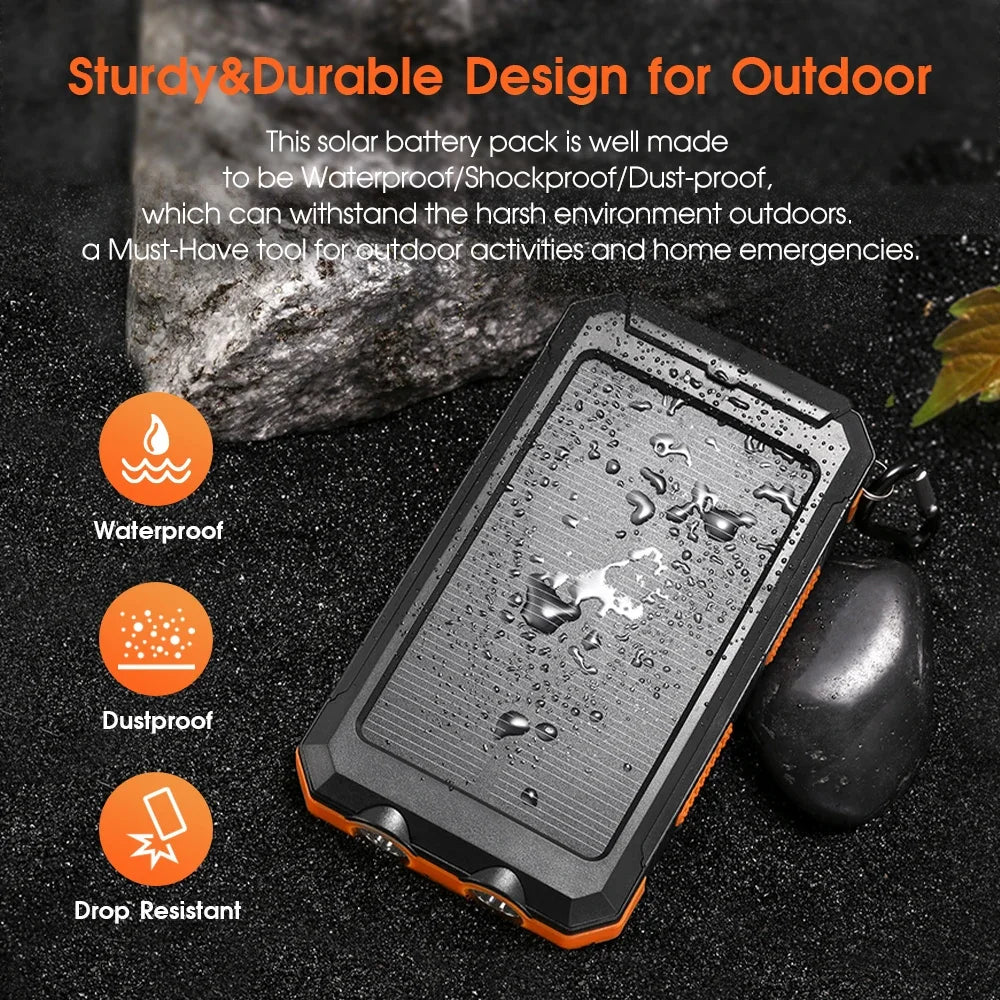 10000mAh Solar Charging Power Bank,Dual USB & Type C Output Port Multicharger Power Bank with Flashlight and Compass