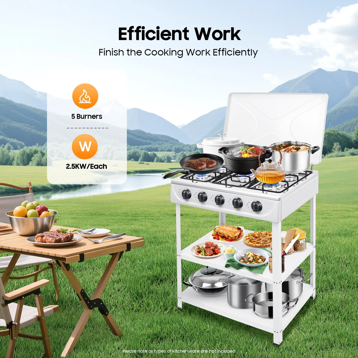 4/5 Burners Independent Control Natural Gas Stove Removable Propane Gas Stove with Cover for Outdoor Camping Travel Black/White