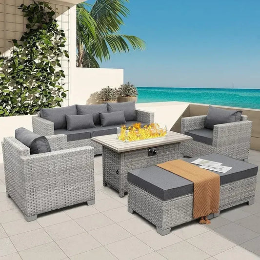RPD4-Qwaroom Set 6 piece Grey Wicker outdoor furniture patio sectional sofa couch PE rattan conversation sets with Fi