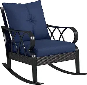 2 Piece Outdoor Wicker Rocking Chairs with Padded Cushions, Aluminum Furniture Rattan Porch Rocker Chairs w/Armrest for Garden,