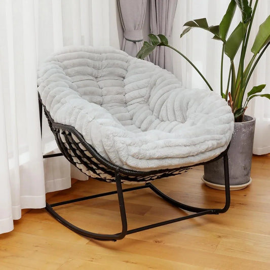 Outdoor Rocking Chair, Wicker , Indoor Comfy Oversized Papasan Chair with Padded Cushion, Royal Rattan Rocker for Front Porch,