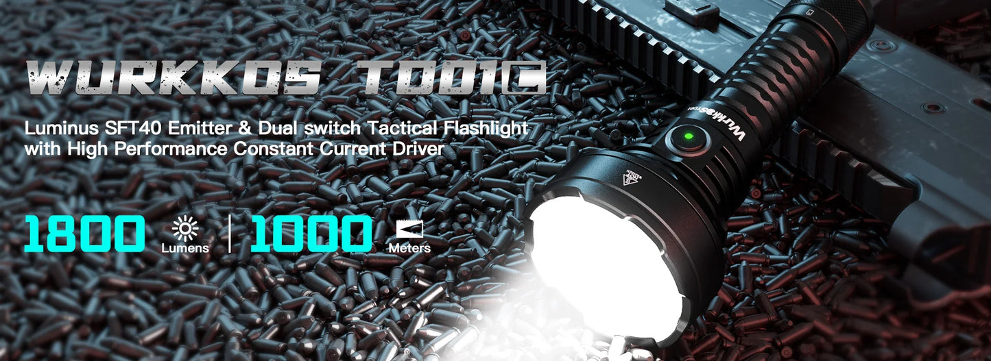 Wurkkos TD07 18350 Tactical Flashlight 1300LM 479M Long Throw IP68 Waterproof Dual Switch & Ring Handle for Police/Daily Use