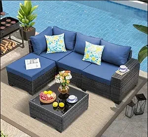 5 Pieces Outdoor Patio Furniture Set, Wicker Conversation Sets with Tea Table, Rattan Patio Sofa with Thick Cushions for Garden,