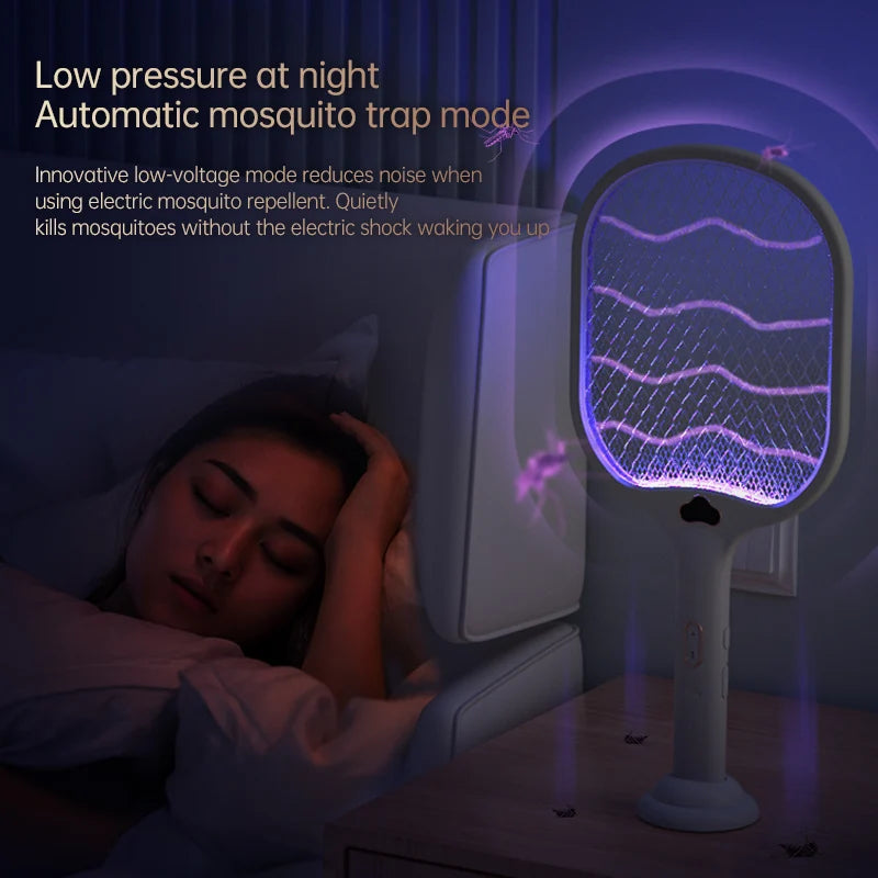 Electric Fly Swatter Racket 3500V buzzkick Bug Zapper Racket Dual Modes Mosquito Killer with Purple Mosquito Light Rechargeable