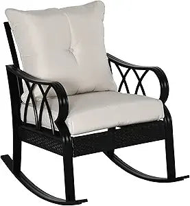 2 Piece Outdoor Wicker Rocking Chairs with Padded Cushions, Aluminum Furniture Rattan Porch Rocker Chairs w/Armrest for Garden,
