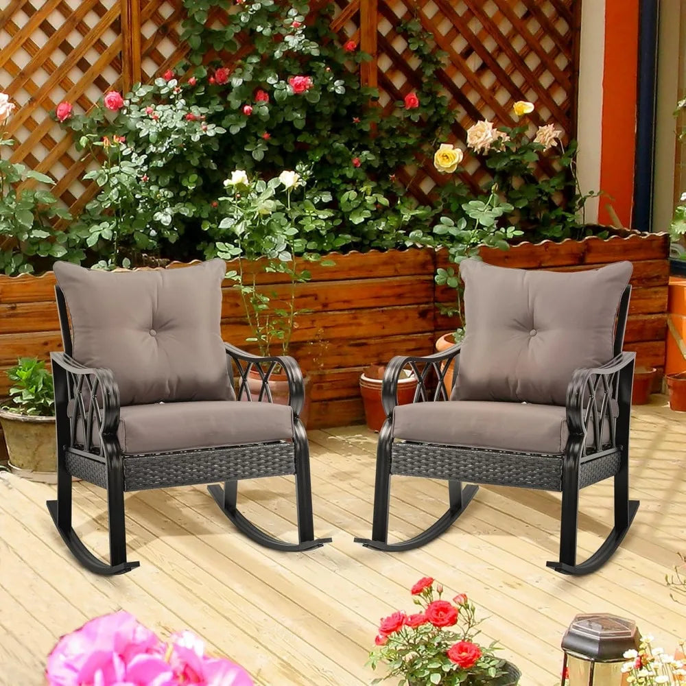 2 Piece Outdoor Wicker Rocking Chairs with Padded Cushions, Aluminum Furniture Rattan Porch Rocker Chairs w/Armrest for Garden,
