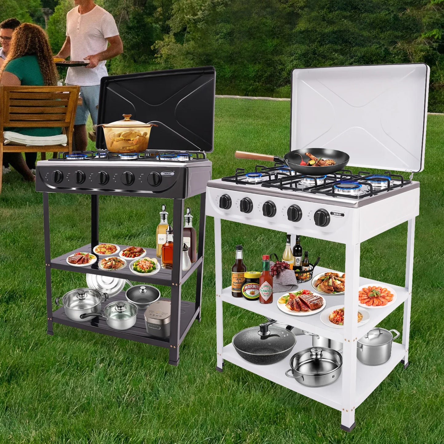 4/5 Burners Independent Control Natural Gas Stove Removable Propane Gas Stove with Cover for Outdoor Camping Travel Black/White