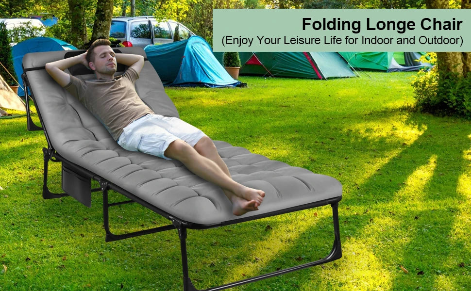 Portable Folding Camping Cot - 3-Position Adjustable Reclining Lounge Chair with Pillow, Outdoor Sleeping Bed (68cm Wide)