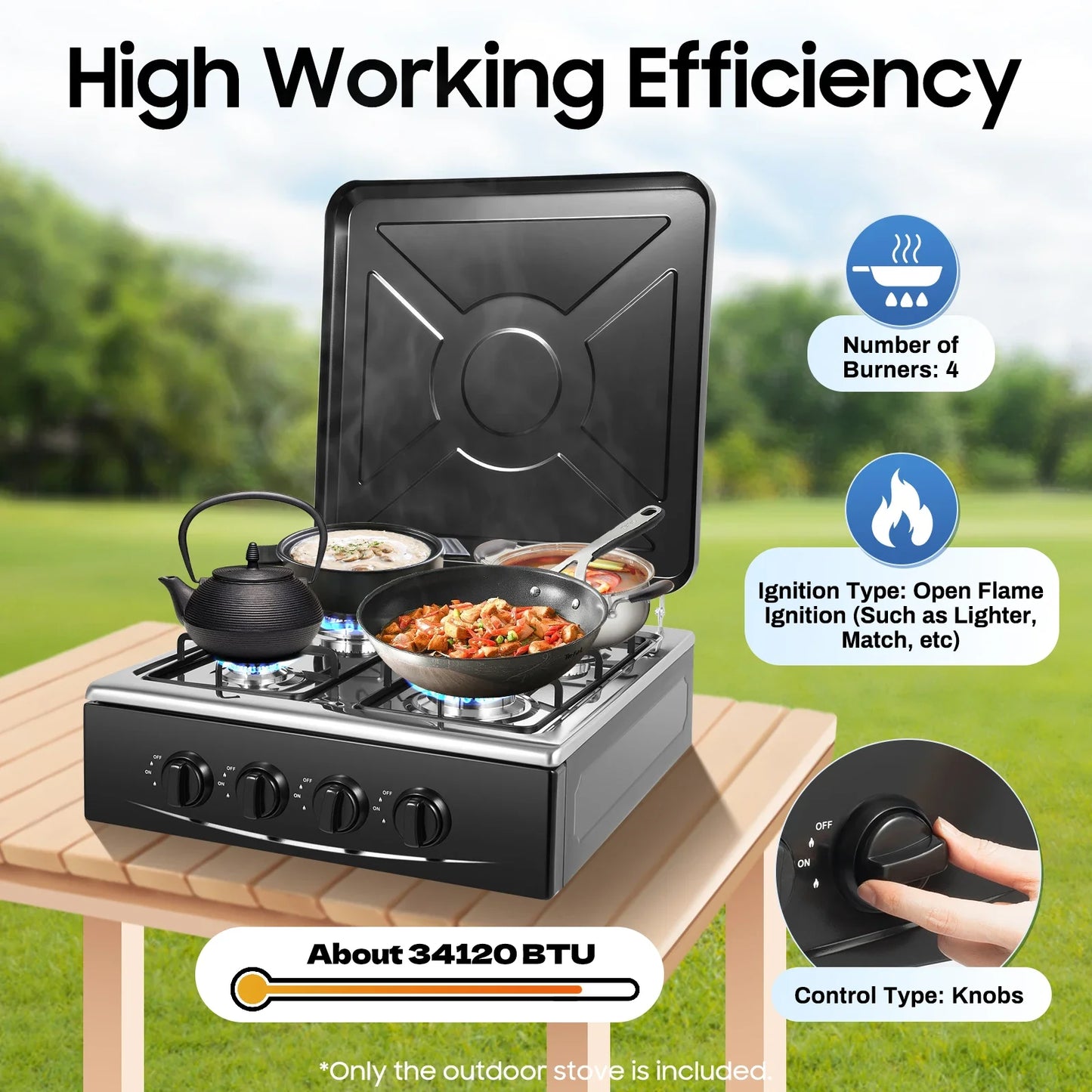 4/5 Burners Independent Control Natural Gas Stove Removable Propane Gas Stove with Cover for Outdoor Camping Travel Black/White