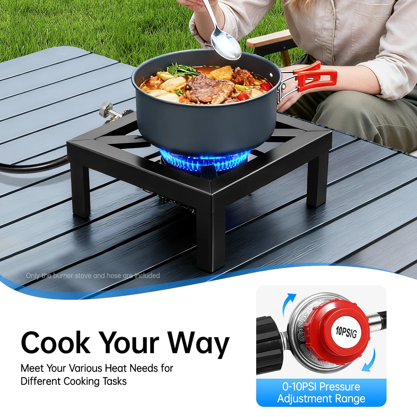 Portable Double Burner Outdoor Gas Stove Propane Cooker with Adjustable 0-10Psi Regulator Hose for Patio Camping, BBQ, Home