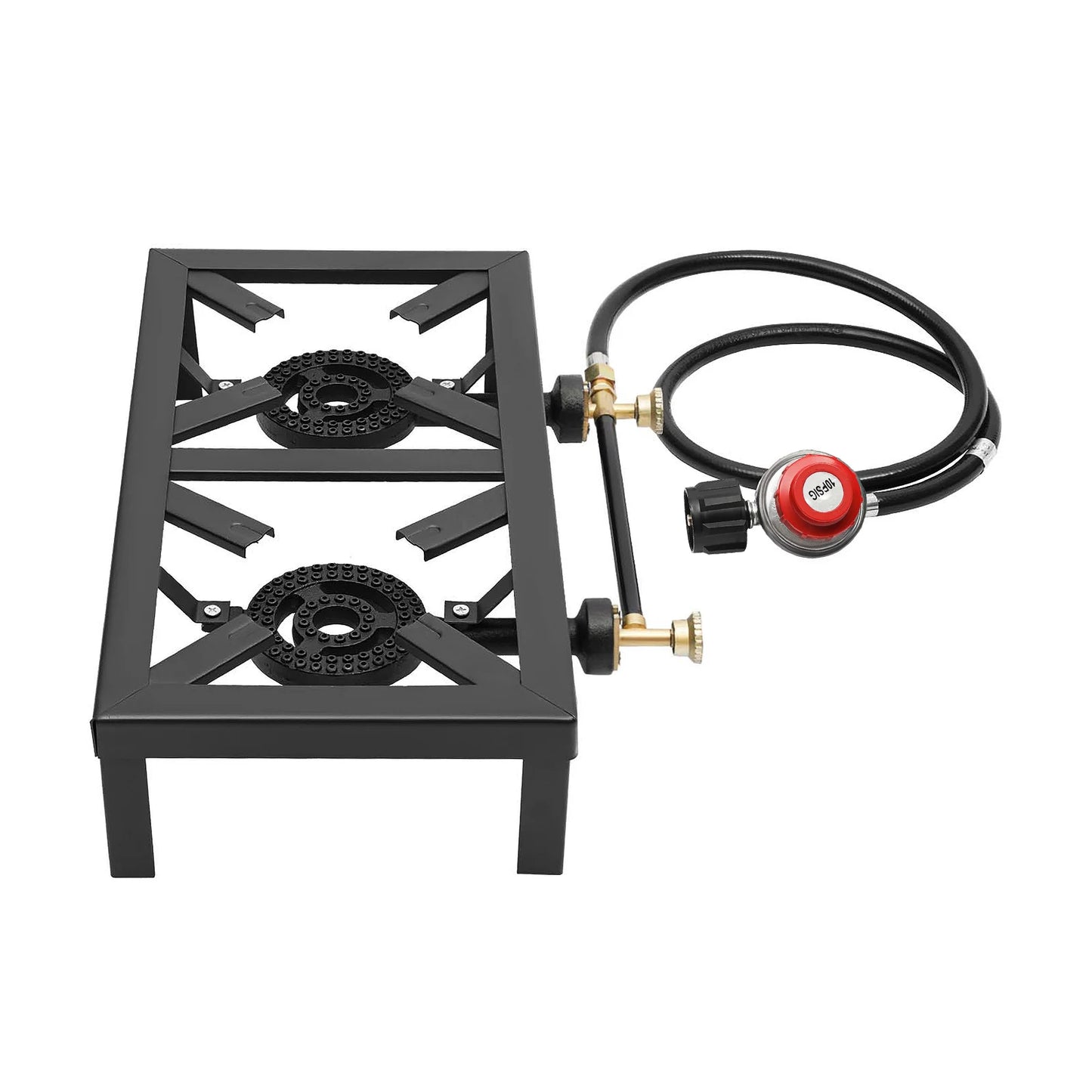 Portable Double Burner Outdoor Gas Stove Propane Cooker with Adjustable 0-10Psi Regulator Hose for Patio Camping, BBQ, Home