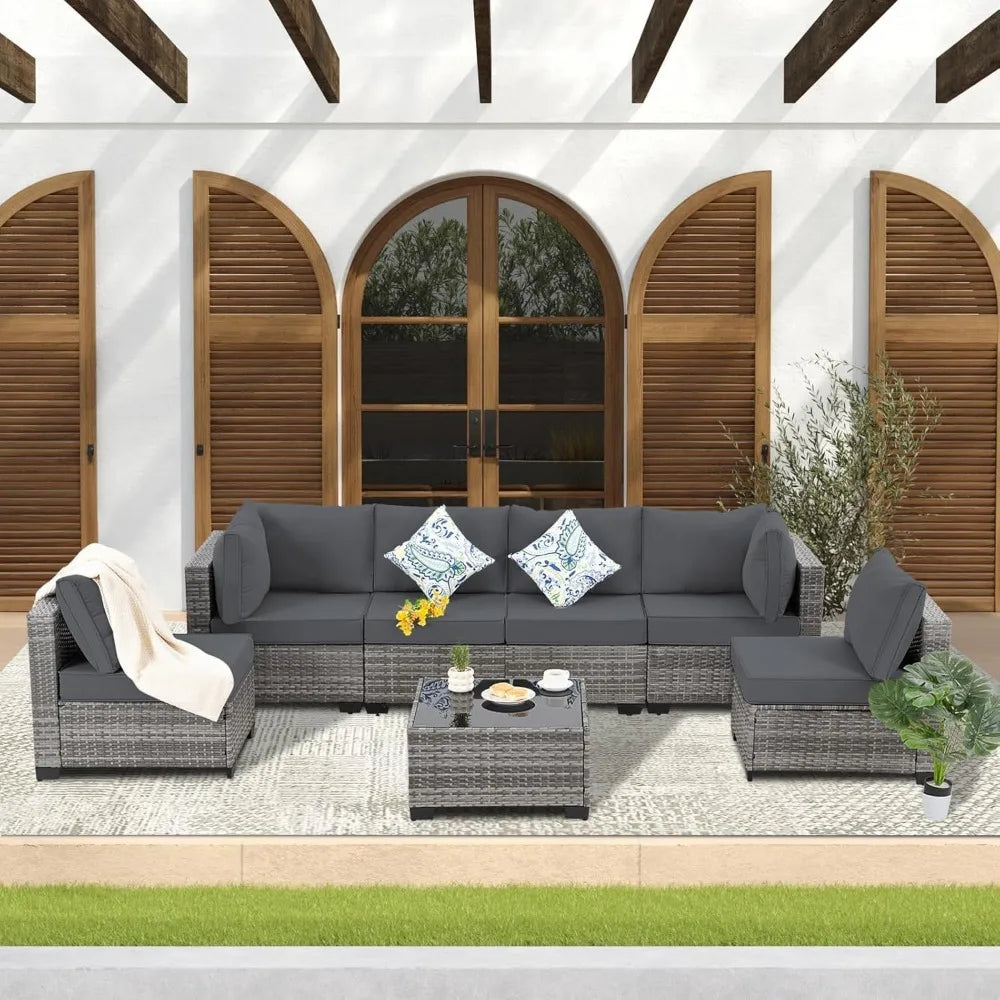 Patio Furniture Set, Modular Patio Set Wicker Outdoor Sectional Sofa Set PE Rattan Wicker Patio Conversation Set with T