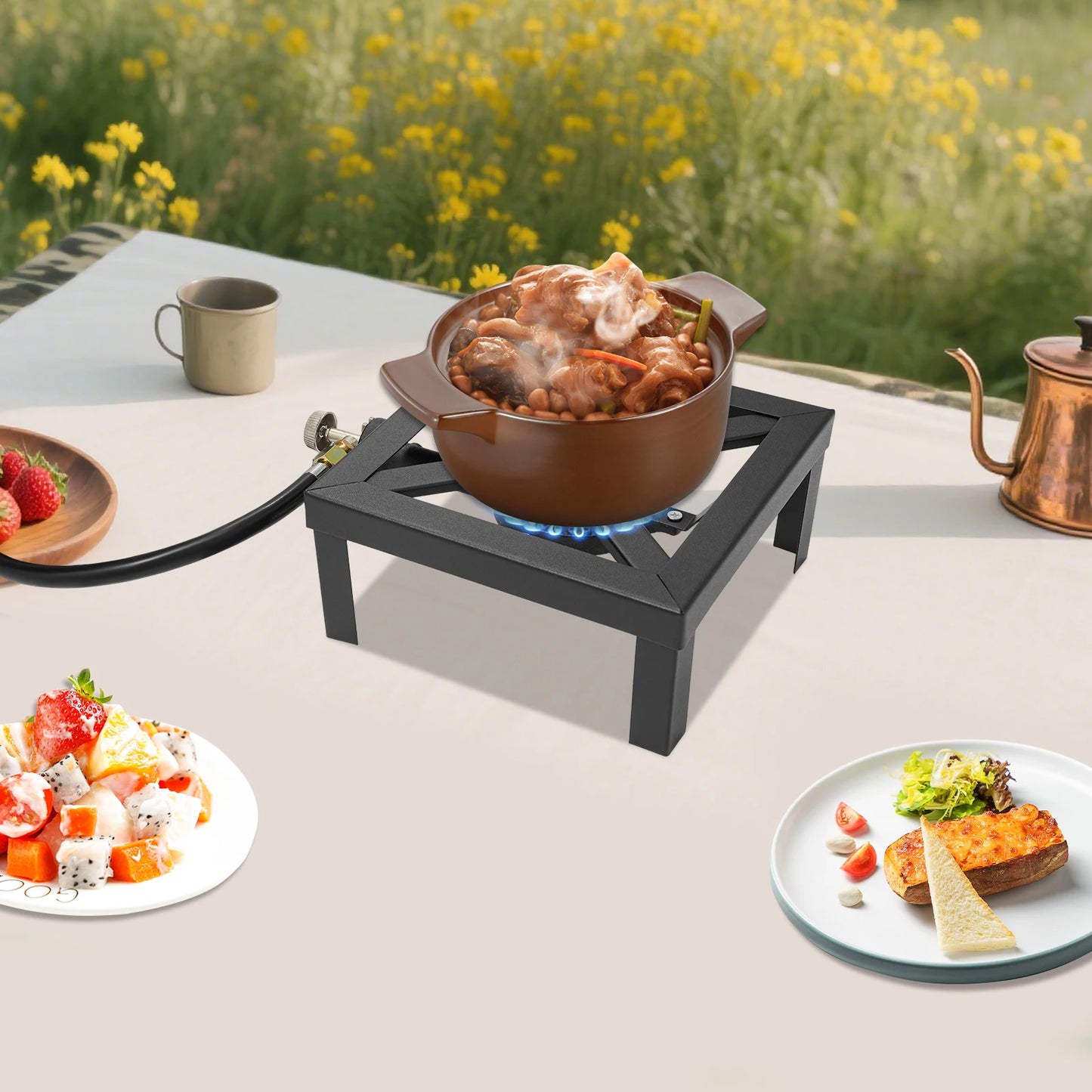 Portable Double Burner Outdoor Gas Stove Propane Cooker with Adjustable 0-10Psi Regulator Hose for Patio Camping, BBQ, Home