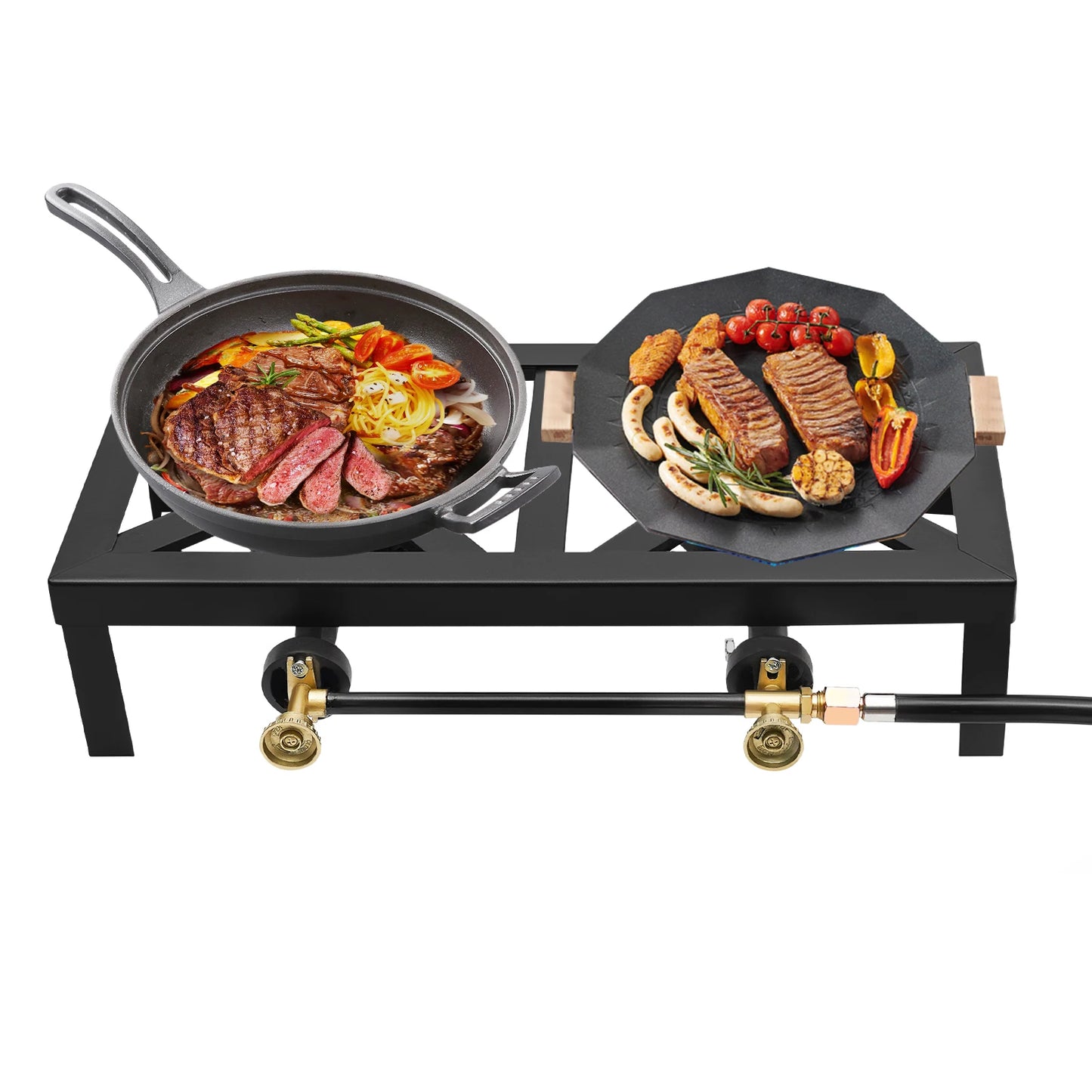 Portable Double Burner Outdoor Gas Stove Propane Cooker with Adjustable 0-10Psi Regulator Hose for Patio Camping, BBQ, Home