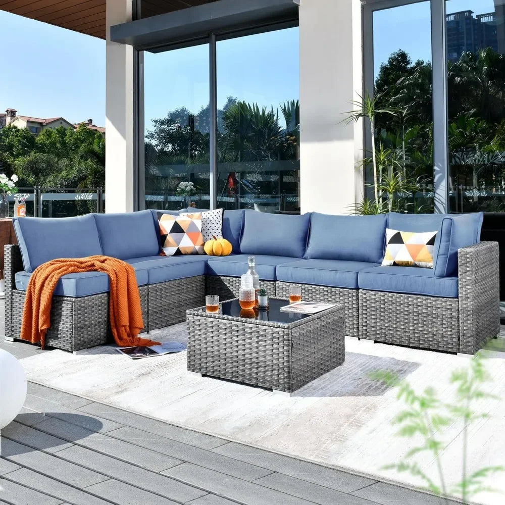 Outdoor 7 Piece Set with Coffee Table,Sectional Patio Furniture Set with All-Weather Wicker Sofa,Modern Outside Couch