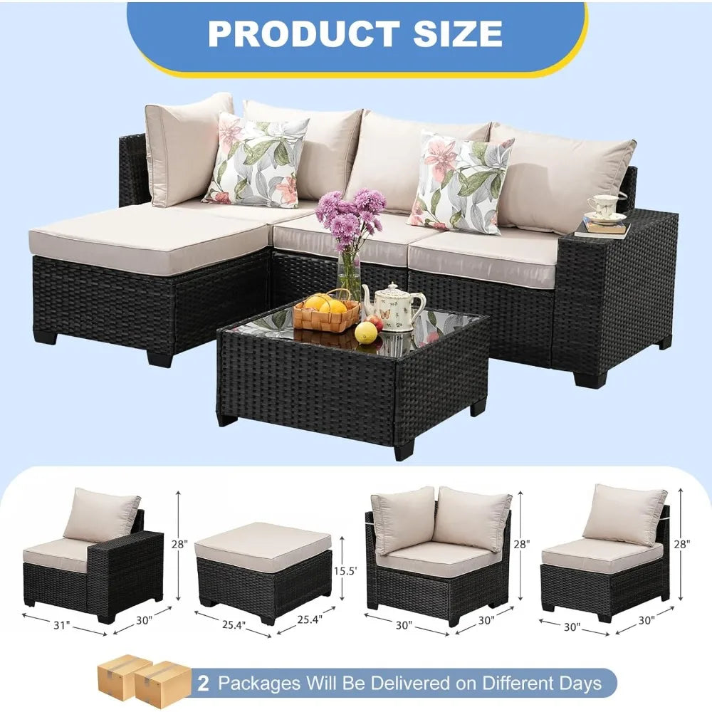 5 Pieces Outdoor Patio Furniture Set, Wicker Conversation Sets with Tea Table, Rattan Patio Sofa with Thick Cushions for Garden,