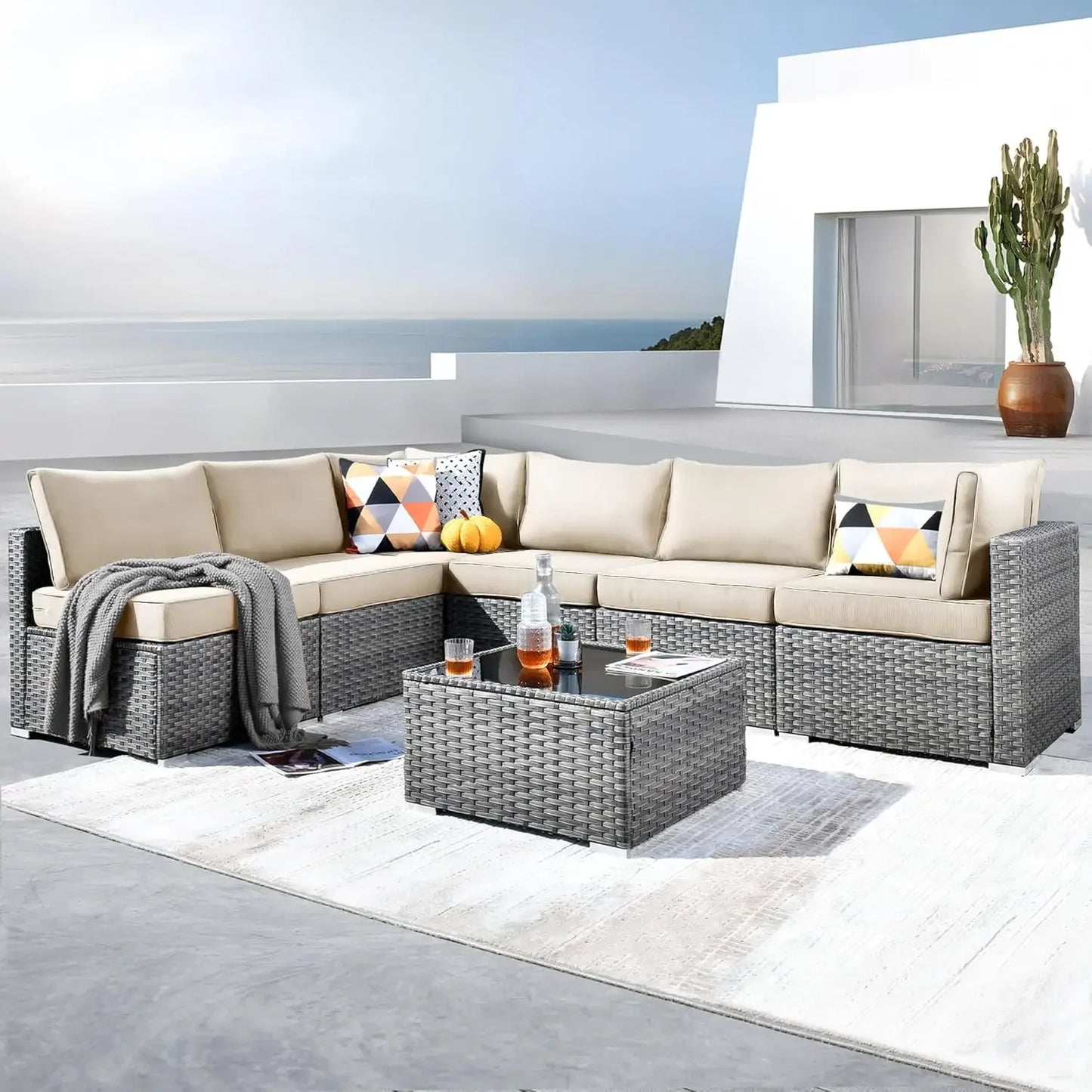 Outdoor 7 Piece Set with Coffee Table,Sectional Patio Furniture Set with All-Weather Wicker Sofa,Modern Outside Couch