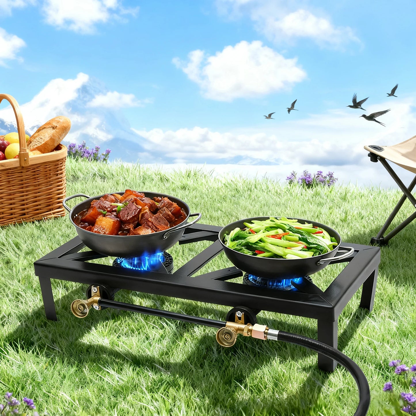 Portable Double Burner Outdoor Gas Stove Propane Cooker with Adjustable 0-10Psi Regulator Hose for Patio Camping, BBQ, Home