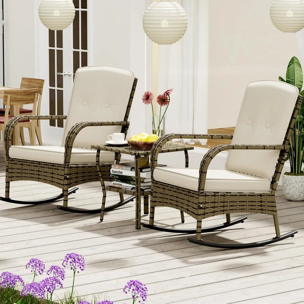 3 Pieces Patio Conversation Set, Outdoor Rocking Chair, Wicker Bistro Set, Outdoor Furniture with Porch Chairs and Coffee Table